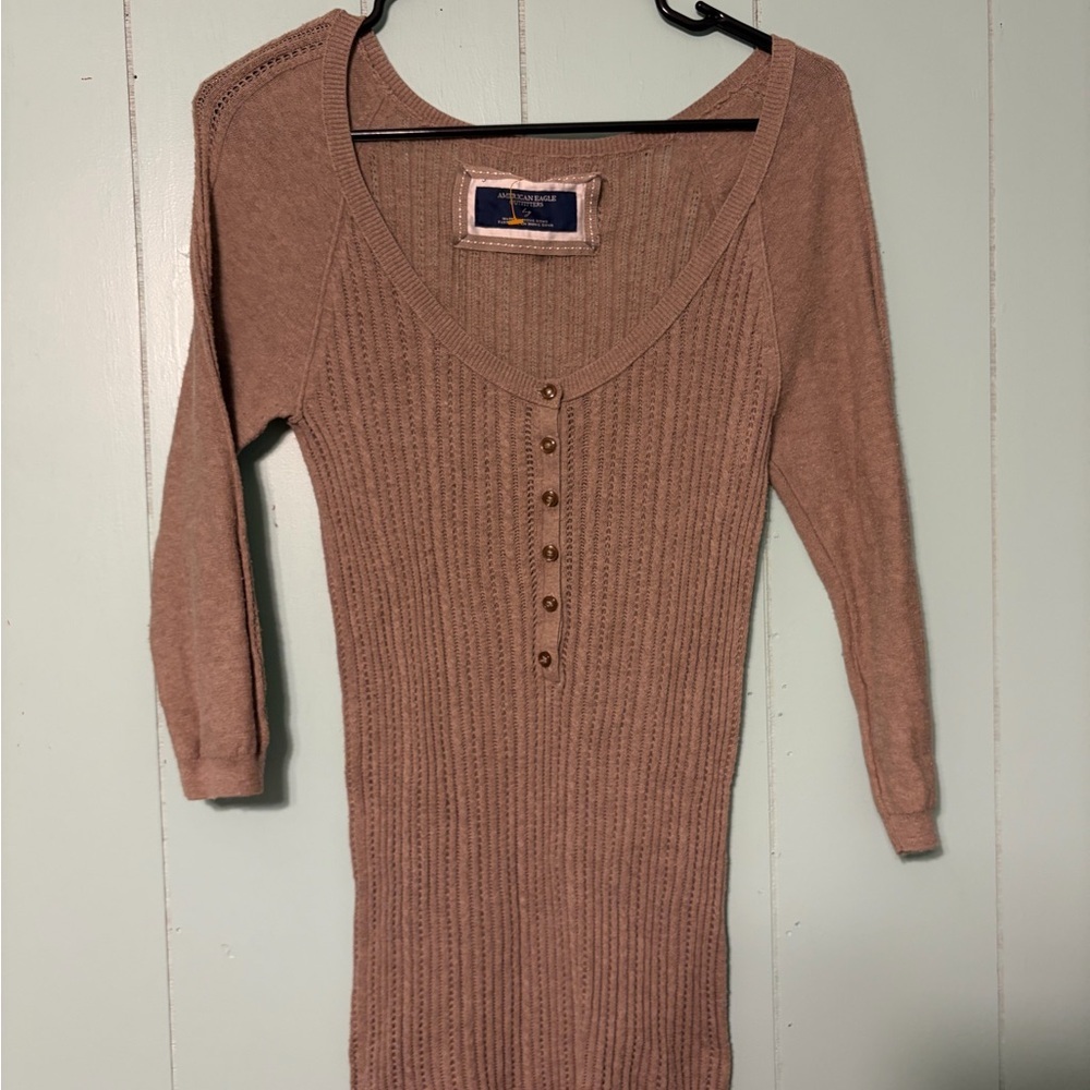 American eagle outfitters vtg y2k ribbed knit Henley large tan brown - Picture 3 of 4